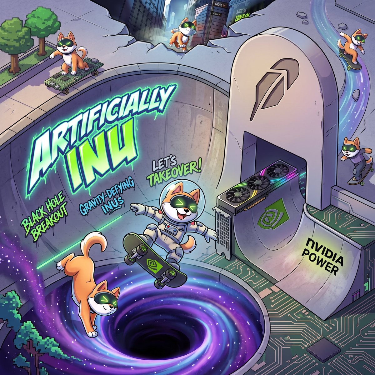 Ryoheize's tweet photo. Ready for the Black Hole Breakout! 🌌🛹 Gravity-defying INUs fueled by Nvidia power

Let's take over! 🚀

LONG $AI
@ArtificiallyInu https://t.co/e8vkpbtaDd