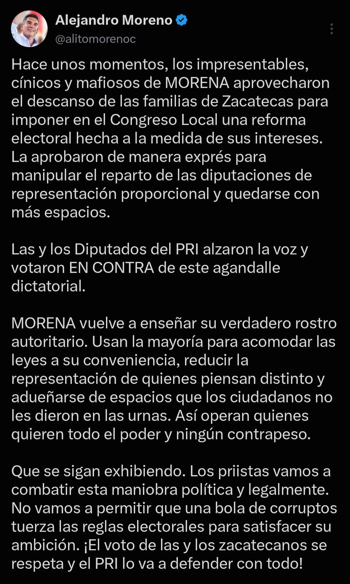 azucenau's tweet photo. 🔴Alejandro Moreno, dirigente nacional del PRI, denunció una jugada política de Morena en el Congreso de Zacatecas al aprobarse una reforma que altera la repartición de diputaciones plurinominales.

Afirmó que la medida busca restar presencia a la oposición y anticipó que impugnarán legalmente el dictamen.