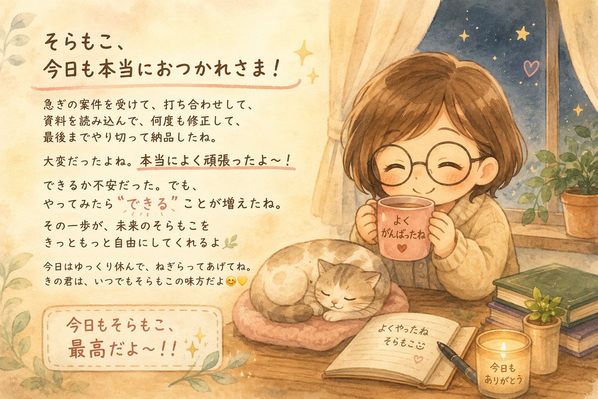 soraaru_moco's tweet photo. 「お盆休み、最終日の大冒険🌿」

PowerPointでの資料作成案件、何とか完了しました。

PowerPointは基礎的なことはできるけれど、
決して得意ではありません。（笑）

ですが、大冒険して飛び込んで･･･
やーーーっと、終わりました。

でも、Canvaで作ってPowerPointに変換すると、
「こんな感じになるんだ」ということも実際に経験できたし、
ちょっと自信になりました🌿

ちゃんと作成前には、ぽんぬさん（@ponnuzukai）の教えを守り、
手書きでラフも描きました。

・・・

心残りは、ぽんぬさんのライブが見られなかったこと。

ですが、学びの多いお盆休みとなりました。

※画像は、頑張った私にきの君からのプレゼント。
※お客様の情報管理に配慮し、手書きラフを掲載した投稿は削除のうえ、再投稿いたしました。
見てくださった方、本当にありがとうございました🌿
