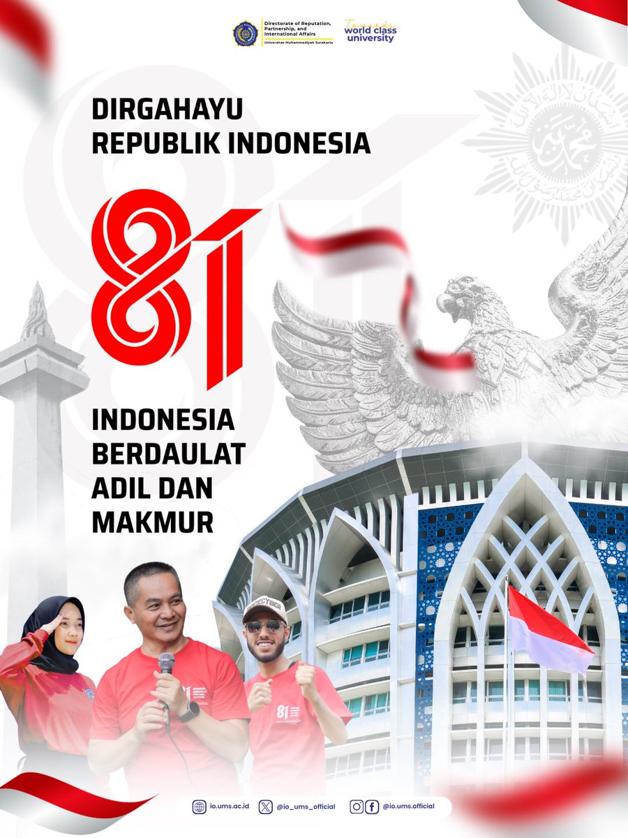 io_ums_official's tweet photo. HAPPY 81ST INDEPENDENCE DAY OF THE REPUBLIC OF INDONESIA 🇮🇩

“One Nation, One Spirit, One Future.”

Celebrating 81 years of Indonesia’s independence with the spirit of unity, diversity, and collaboration

Happy 81st Independence Day, Indonesia!

#IndonesiaIndependenceDay #HUTRI81 https://t.co/AtmG2f6gHU