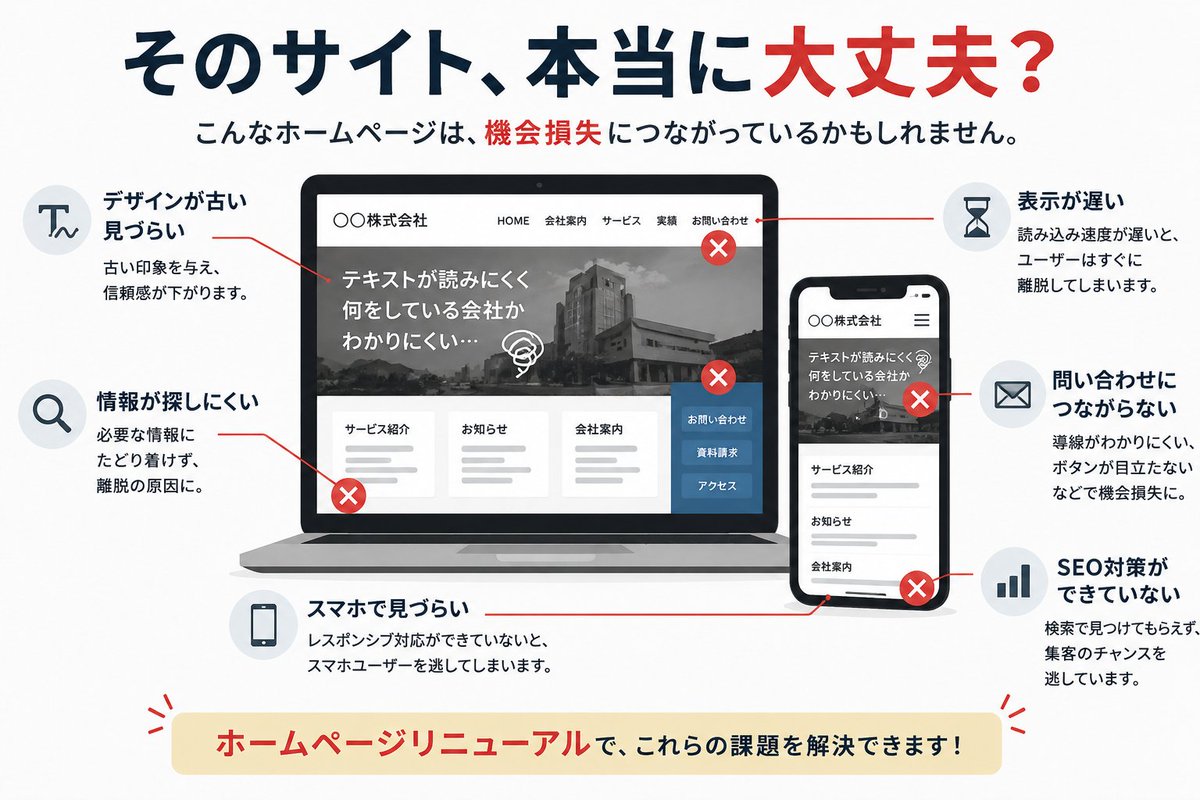 webkcreation's tweet photo. 今のホームページ、
本当に大丈夫？（1/2）

⚠ スマホで見づらい
⚠ 情報が探しにくい
⚠ デザインが古い
⚠ 問い合わせにつながらない
⚠ SEO対策ができていない https://t.co/FU6M3e2W1o
