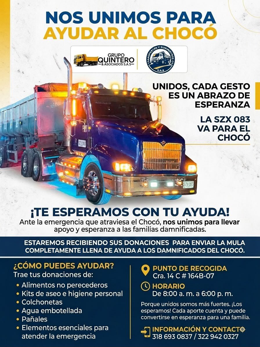 RochyRperez's tweet photo. Estamos en localidad de Usaquén recibiendo sus donaciones, está tractomula está disponible para llevar sin ningún costo 30 tonelas de ayuda para los damnificados del Choco directamente, sin intervención de ningúna entidad, nuestros compatriotas nos necesitan. Unidos por choco 🇨🇴 https://t.co/UDQck74Tcs