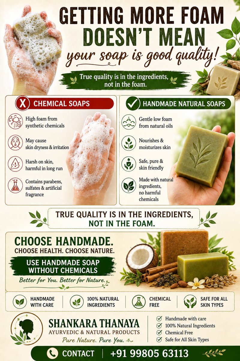 Pay_Paradise's tweet photo. More Foam Does Not Mean Better Soap
Have you ever thought that a soap that produces more foam is automatically better? Not necessarily.
Contact: +91 99805 63113
#ShankaraThanaya #HandmadeSoap #NaturalSoap #NaturalSkincare #AyurvedicProducts #HandmadeProducts #SkinFriendly https://t.co/ptAjjOoU3u