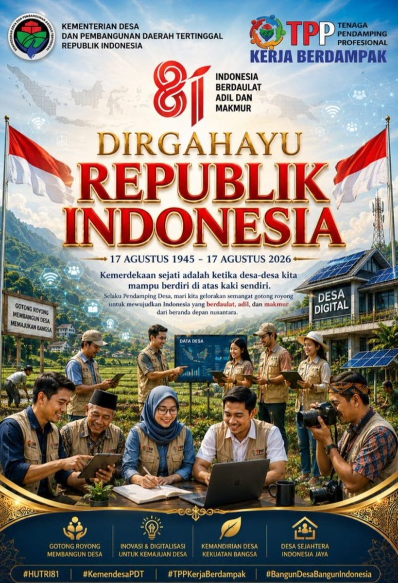 BankirNew's tweet photo. DIRGAHAYU REPUBLIK INDONESIA, Dari desa Kita jaga dan bangun negeri dengan seluruh jiwa raga untuk kemakmuran bangsa
@prabowo
@YandriSusanto27
@ArizaPatria
@kemendespdt
@bpsdmkemendesa
#KibarkanMerahPutih
#HUTRIKemendesaPDT
#DesaBerdayaWargaSejahtera
#BangunDesaBangunIndonesia https://t.co/yH7qauy1QE