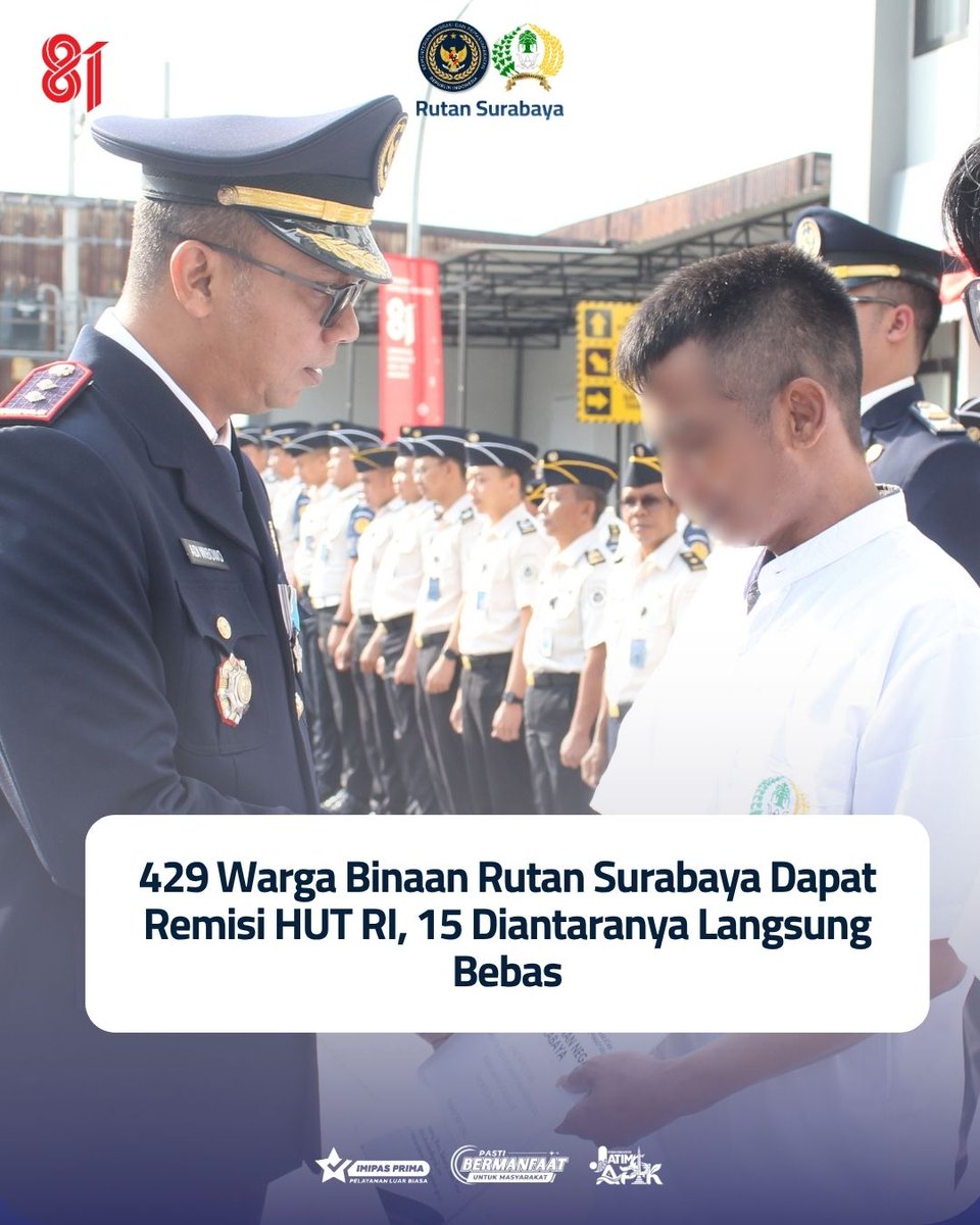 HumasRutansby's tweet photo. Sebanyak 429 warga binaan Rutan Surabaya terima remisi HUT ke-81 RI pada 17/8/2026. Dari total penerima pengurangan masa hukuman tersebut, 15 orang di antaranya dinyatakan langsung bebas. https://t.co/gP5dIJsryD