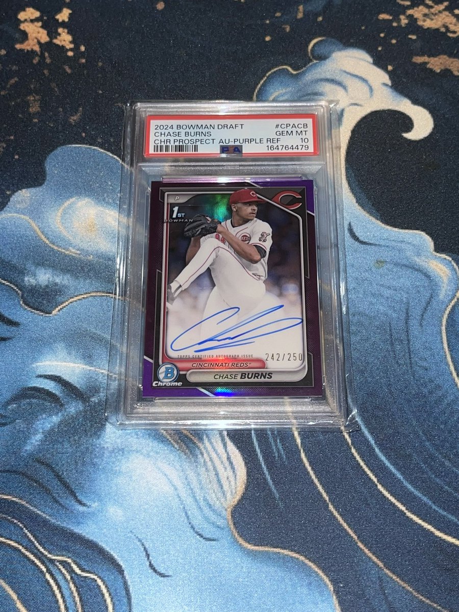 TheCardBullpen's tweet photo. Last slab of the night &amp; it’s a BANGER! 

Chase Burns /250 Bowman 1st auto psa 10 
Currently 14-2 with a 2.4 ERA 📈
Asking $700 https://t.co/G55CeIx2f2