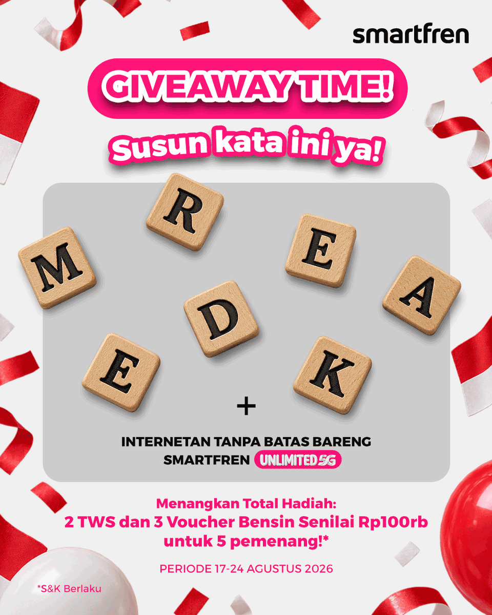 smartfrenworld's tweet photo. Rayakan 17an bareng SMARTFREN!

Yuk ikut kuisnya!

Cara jawab:  [jawaban] + Internetan tanpa batas bareng SMARTFREN UNLIMITED 5G.
follow @smartfrenworld,  #JagoanSinyalSeIndonesia #UNLIMITED5G #SMARTFREN , Akun jangan di private ya

Ditunggu sampai 24 agustus ya🩷 https://t.co/0BYNoIweov