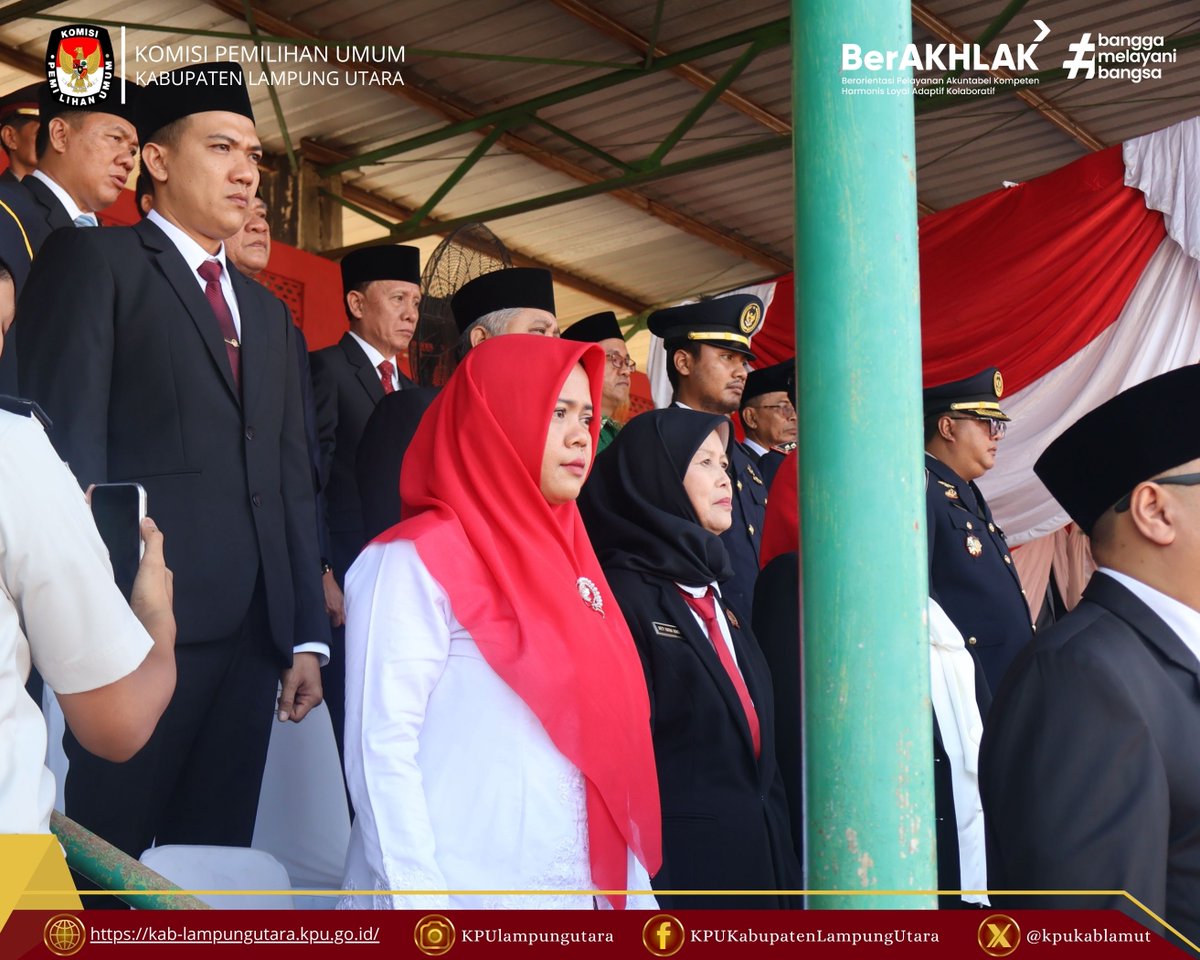 kpukablamut's tweet photo. #temanpemilih, KPU Kab. Lampung Utara mengikuti pelaksanaan Upacara Pengibaran Bendera Merah Putih dalam Rangka HUT Ke 81 Kemerdekaan Republik Indonesia Tahun 2026. Senin, 17 Agustus 2026.

#KPUkabupatenlampungutara
#KPULampung
#KPUmelayani https://t.co/MD1bomcNVr