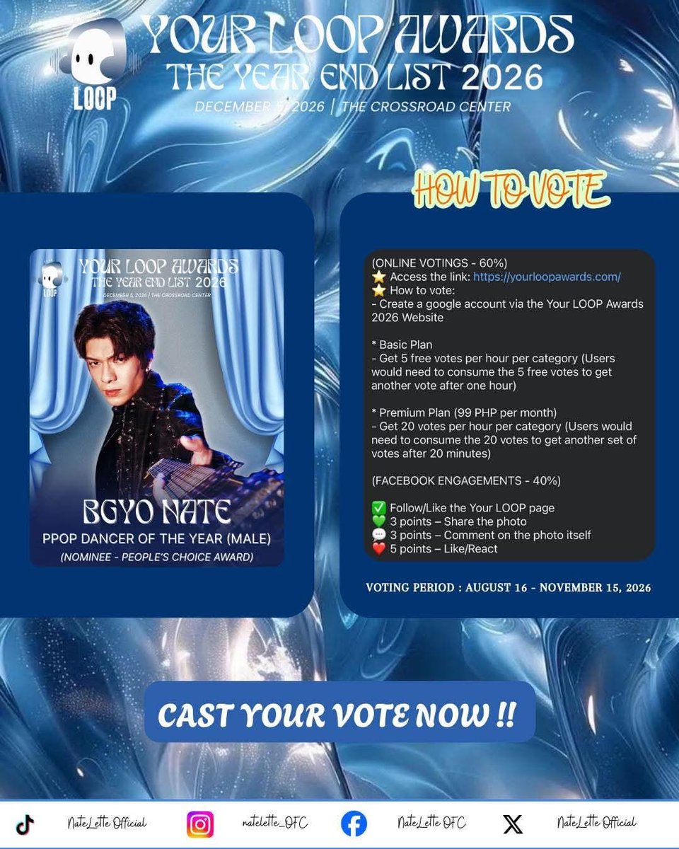 NateLette_ofc's tweet photo. 🚨 CAST YOUR VOTES, NATA DE KOKOS! 🥥🩵

Our very own 𝗕𝗚𝗬𝗢 𝗡𝗮𝘁𝗲 is nominated for 𝗣𝗣𝗢𝗣 𝗗𝗮𝗻𝗰𝗲𝗿 𝗼𝗳 𝘁𝗵𝗲 𝗬𝗲𝗮𝗿 (𝗠𝗮𝗹𝗲) at the 𝗬𝗼𝘂𝗿 𝗟𝗼𝗼𝗽 𝗔𝘄𝗮𝗿𝗱𝘀: 𝗧𝗵𝗲 𝗬𝗲𝗮𝗿-𝗘𝗻𝗱 𝗟𝗶𝘀𝘁 𝟮𝟬𝟮𝟲! 🏆✨

Let’s show Nate just how strong our love and support are! 🩵🩷

Every vote, like, comment, and share counts. 

🗳️ ᴠᴏᴛɪɴɢ ᴘᴇʀɪᴏᴅ: August 16 – November 15, 2026

Link to vote : https://t.co/E5HjqUZXAT

Let’s make every vote matter.

#NatePorcalla | @BGYO_Nate
#NateLette #NataDeKoko