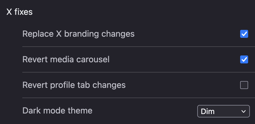 ControlPanelFT's tweet photo. Control Panel for Twitter v4.24.0 adds new options to revert the recent media carousel and profile tab changes, and a bunch of other stuff

Release notes: https://t.co/Cp9xNXE4gr https://t.co/3cPnaPWu1g