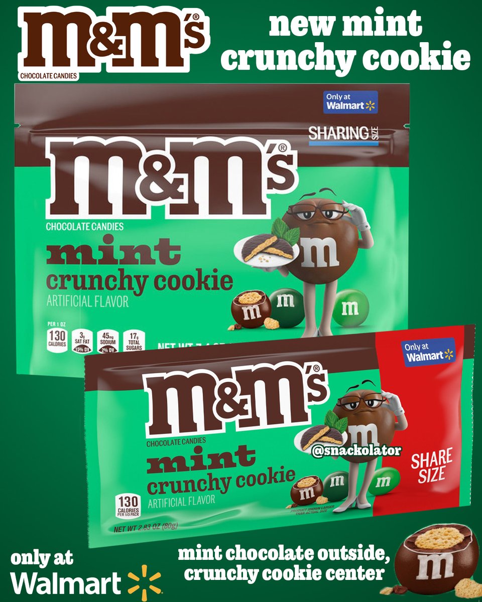 snackolator's tweet photo. I am going to DEVOUR these new Mint Crunchy Cookie M&M's! They are starting to arrive at Walmart and as a mint fan these sound incredible!

They have a mint chocolate outside with a crunchy cookie middle - what's not to like? These are going to be exclusive to Walmart (as you can see on the packaging) and are arriving in some stores now.

Are you going to be grabbing some Mint Crunchy Cookie M&M'S?

#candy #walmart #walmartfinds #mandms #chocolate