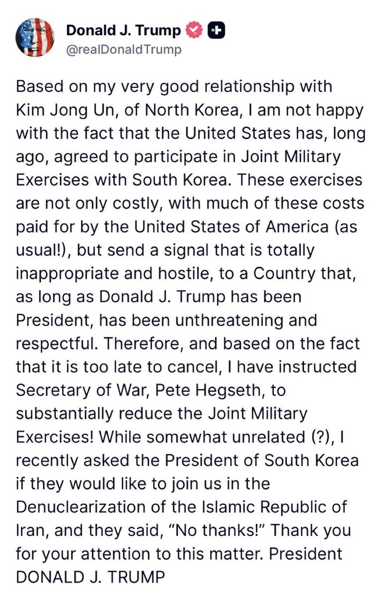 LauraLoomer's tweet photo. North Korea just provided Russia with thousands of missiles to attack Ukraine. 

Russia is working with Iran to murder US citizens. 

I wouldn’t exactly call North Korea unthreatening and respectful, personally, now that we know Russia has been giving weapons and satellite imagery to Iran to kill US soldiers. 

But, South Korea should have assisted the US with denuclearizing Iran.

When President Trump is out of office, all of these relationships he made will fail  to carry over because there’s nobody in the GOP who commands the same level of respect from world leaders as President Trump.