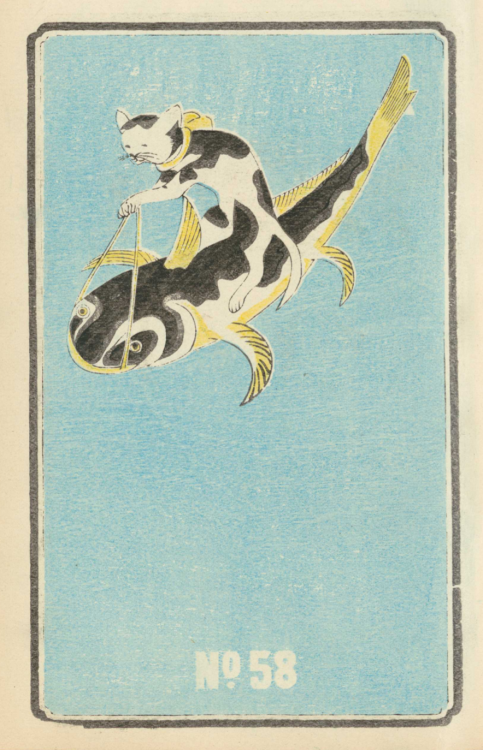 archaeologyart's tweet photo. No. 58. Fish-riding cat.  Illustrated catalog of day light bomb shells. Hirayama Fireworks. Late 19th century. Yokohama Central Library https://t.co/pg1KLcLS4J