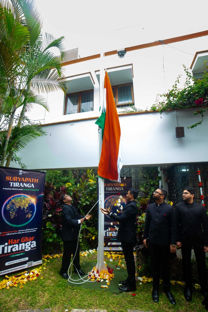 eoilima's tweet photo. 🇮🇳✨ On 15 August 2026 , the Embassy of India in Peru @eoilima celebrated the 80th #IndependenceDay2026 of India with the Indian community in Peru along with Peruvian friends, who joined in commemorating this very special occasion. 🇮🇳🤝🇵🇪

The celebration began with the soulful rendition of #VandeMataram , followed by the flag-raising ceremony and the singing of the National Anthem #JanGanMan . 🇮🇳🎶 Members of the Indian community and their Peruvian friends proudly raised the flags together, united by a deep sense of pride, respect, and love for the nation. @eoilima proudly participated in the #SuryapathTiranga campaign of the Government of India. 

Ambassador @VishvasSapkal  read the Message to the Nation from the Hon’ble President of India @rashtrapatibhvn and shared inspiring words on this significant occasion. 🇮🇳✨

The celebration also embraced the spirit of #HarGharTiranga — the nationwide initiative encouraging citizens to proudly display the Tricolour and express their love and respect for the national flag. Over 400 friends participated in the flag hoisting event.  🇮🇳 🇮🇳