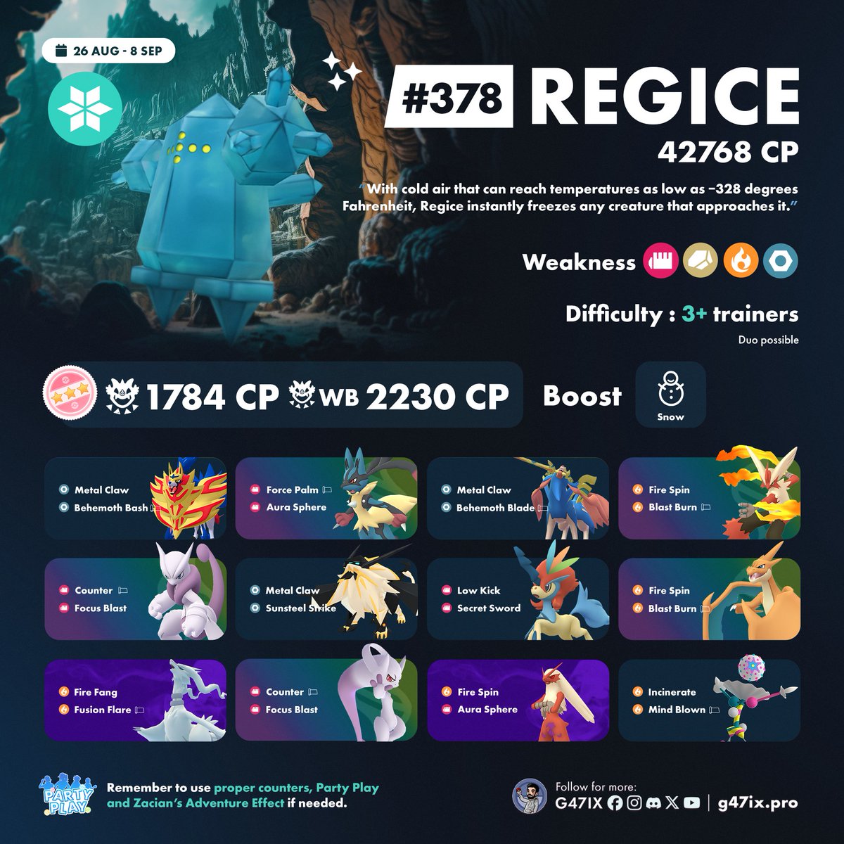 g47ix's tweet photo. The Legendary giants will be available in 5★ Raids from August 26 to September 8!
🪨 Regirock
⚙️ Registeel
🧊 Regice
✨ If you're lucky, you might find a Shiny!
More counters ➡️ Pokebattler_com
#PokemonGO https://t.co/OGwN6IwfLX