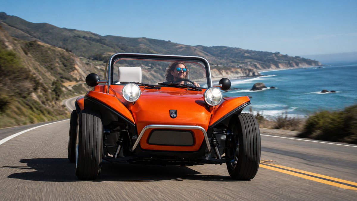 AutoGlobCo's tweet photo. The iconic Meyers Manx just went electric.

The Manx 2.0 packs 181 hp, a 45-kWh battery, around 100 miles of range, DC fast charging and V2L.

Classic dune buggy looks. Modern EV tech.

#MeyersManx #EV https://t.co/hNXoebJn8O