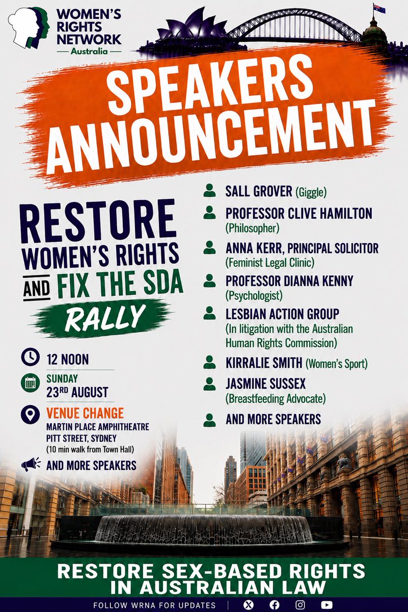 WRNAustralia's tweet photo. 📣 SPEAKERS ANNOUNCEMENT

A powerful line-up for the Restore Women’s Rights – Fix the SDA Rally:

📍 NEW VENUE: Martin Place Amphitheatre, Pitt St
🕛 12 noon, Sunday 23 August

Come and call for the restoration of sex-based rights in law.

#FixTheSDA #RestoreWomensRights https://t.co/YaIiljtGF9