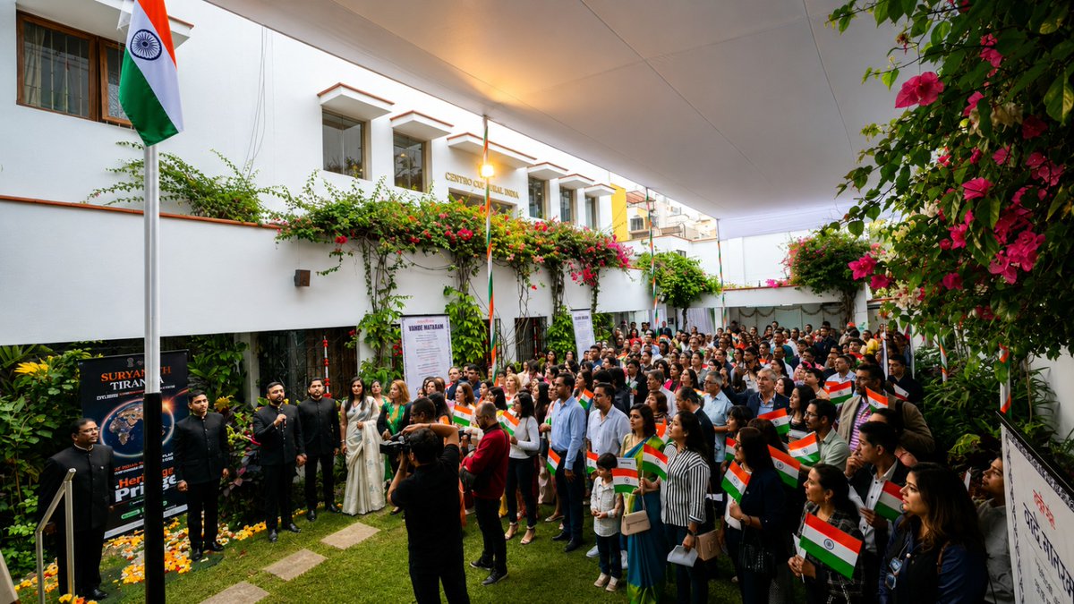 eoilima's tweet photo. 🇮🇳✨ On 15 August 2026 , the Embassy of India in Peru @eoilima celebrated the 80th #IndependenceDay2026 of India with the Indian community in Peru along with Peruvian friends, who joined in commemorating this very special occasion. 🇮🇳🤝🇵🇪

The celebration began with the soulful rendition of #VandeMataram , followed by the flag-raising ceremony and the singing of the National Anthem #JanGanMan . 🇮🇳🎶 Members of the Indian community and their Peruvian friends proudly raised the flags together, united by a deep sense of pride, respect, and love for the nation. @eoilima proudly participated in the #SuryapathTiranga campaign of the Government of India. 

Ambassador @VishvasSapkal  read the Message to the Nation from the Hon’ble President of India @rashtrapatibhvn and shared inspiring words on this significant occasion. 🇮🇳✨

The celebration also embraced the spirit of #HarGharTiranga — the nationwide initiative encouraging citizens to proudly display the Tricolour and express their love and respect for the national flag. Over 400 friends participated in the flag hoisting event.  🇮🇳 🇮🇳
