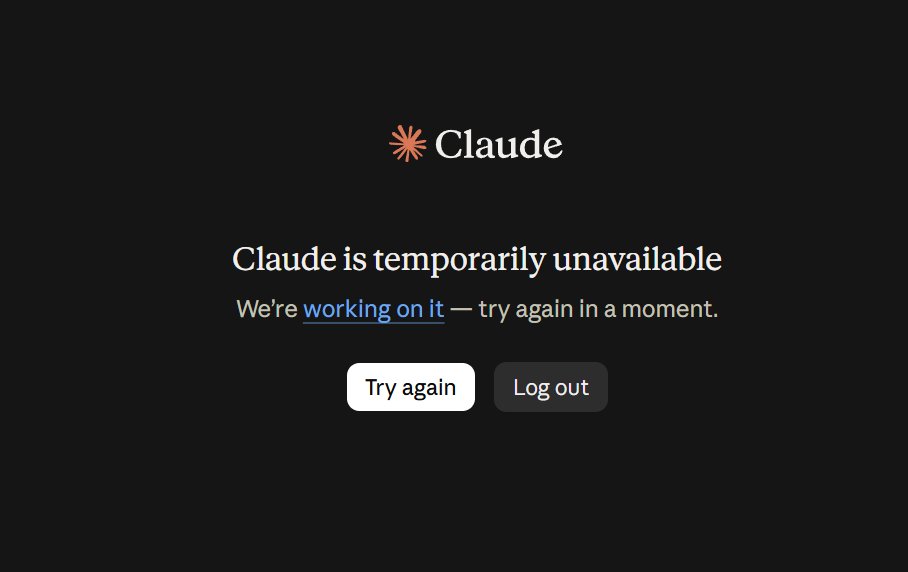 bilmenotes's tweet photo. Claude seems to be down right now. Is it down for everyone, or just me?

Claude is temporarily unavailable https://t.co/anpYabohPH