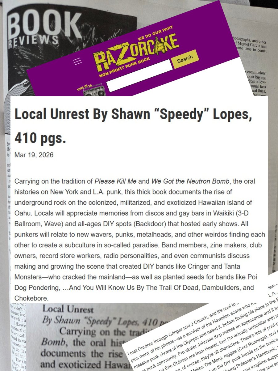 Local_Unrest's tweet photo. @Local_Unrest recently acquired a highly valued review in Razorcake by prominent counterculture writer and Giant Robot co-founder and editor Martin Wong, who spent many summers in Hawaii befriending several local scenesters who appear in the book. Read on ... much mahalo! https://t.co/EOpX9ct8MX