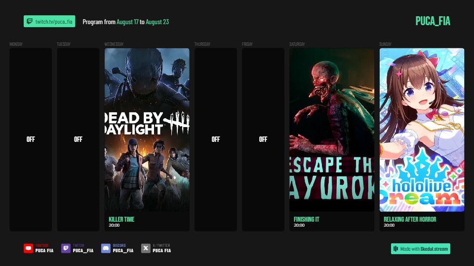 Puca_fia's tweet photo. This weeks schedule
Wednesday-DBD
Saturday-Escape the Ayrok
Sunday-Holodori https://t.co/bQ5Jeor7Tm