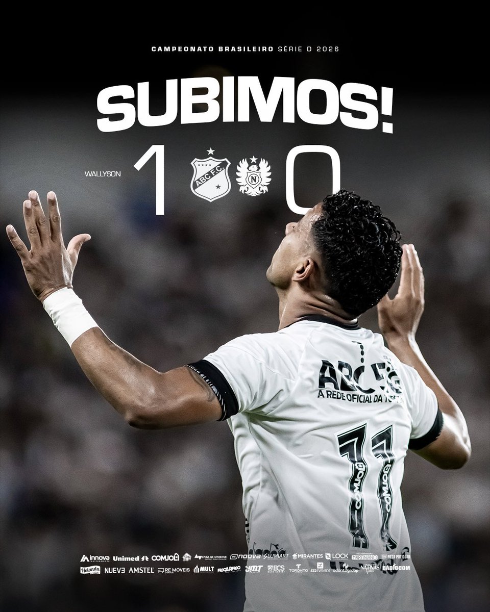 ABCFC's tweet photo. ACABOU! O MAIS QUERIDO ESTÁ DE VOLTA À SÉRIE C!!!

Fim de jogo na Arena das Dunas:

ABC 1 x 0 Nacional/AM

O gol foi marcado pelo ídolo Wallyson 

#ABCFC
#JuntosNoAcesso
#BrasileiroSérieD2026 https://t.co/CKWXcVv0R3