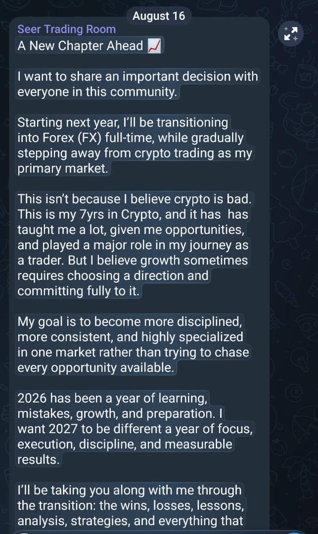 bigseerr's tweet photo. Hello CT: It's official, starting next year I'm transitioning into Forex market. 

The crypto market has been a beautiful experience. 

Below is my official announcement. https://t.co/uKvgv8X7VA