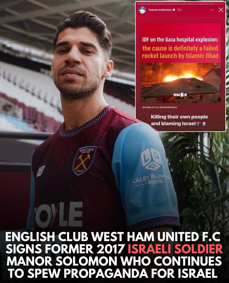 WearThePeaceCo's tweet photo. This week, English club West Ham United F.C. signed Manor Solomon, a former Israeli soldier who served in 2017 and who has repeatedly used his platform to spew propaganda for the destruction of Gaza. https://t.co/kFLhchvRCK