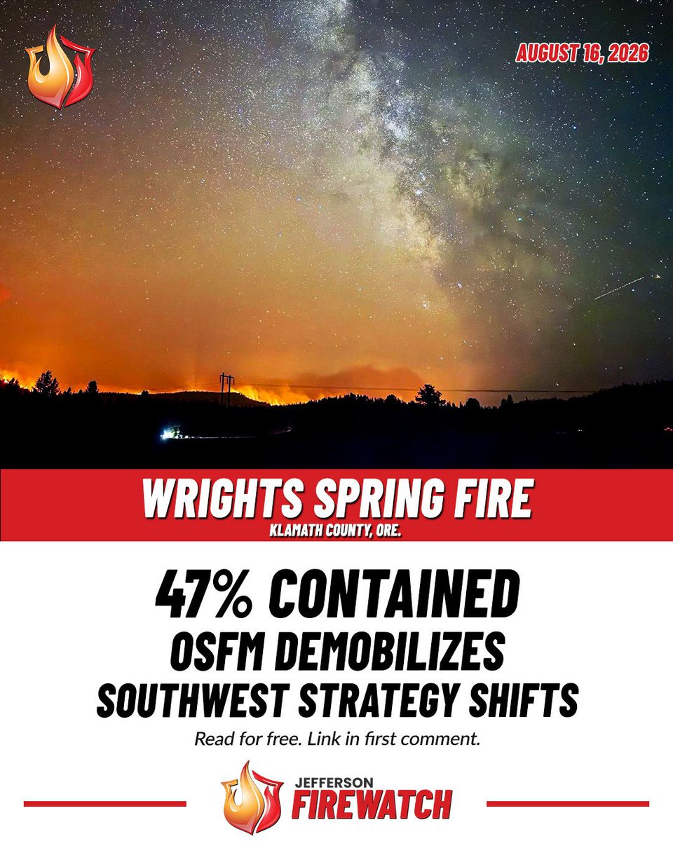 JeffDailyNews's tweet photo. The Wrights Spring Fire made a major containment jump Sunday as another phase of the response winds down.
Crews are now evaluating a different strategy along the southwest edge.
https://t.co/v7bMmsK5jP
#WrightsSpringFire #KlamathCounty https://t.co/6q0HCRdpxn