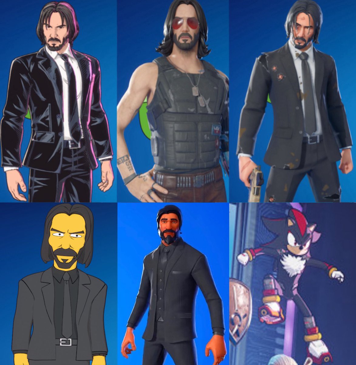 mariopusxyattac's tweet photo. fun fact: keanu reeves is the first celebrity to have the most fortnite skins so far, having 6 outfits in the game currently https://t.co/XGzcva98dD