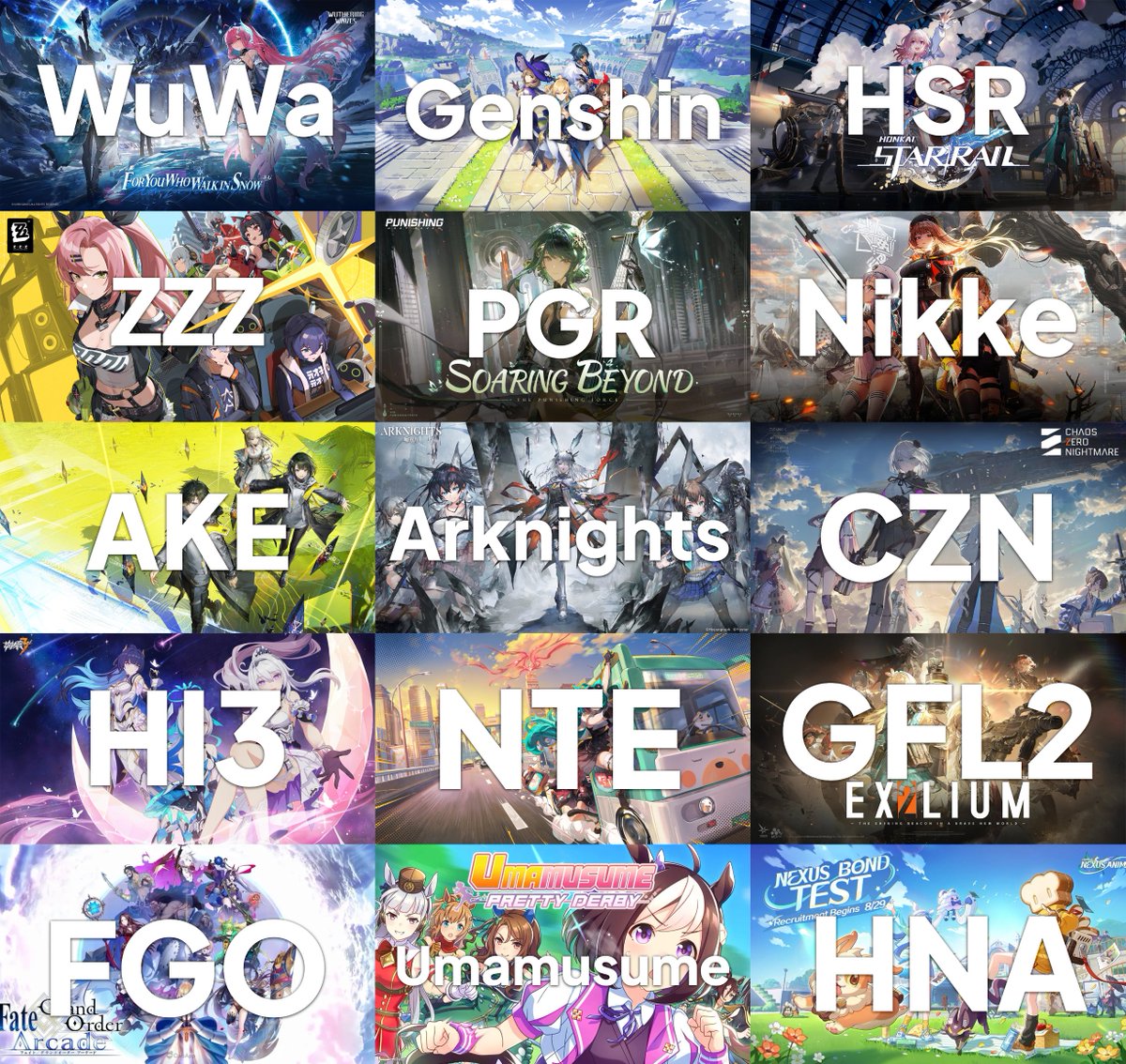 Riju1T_T's tweet photo. Suppose you get a choice- you can only play one gacha game for the rest of your life.

- Which gacha game are you gonna pick?

- Reply if your picked gacha wasn't in the picture below

- Remember, you can't play anything else besides that game.

#Gacha https://t.co/cPhZcRsjjo