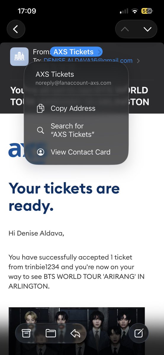 chvrrysoojin's tweet photo. You guys am I being scammed bc the ticket isn’t popping up on my AXS account even though this what it says https://t.co/0AmUPn9wgF