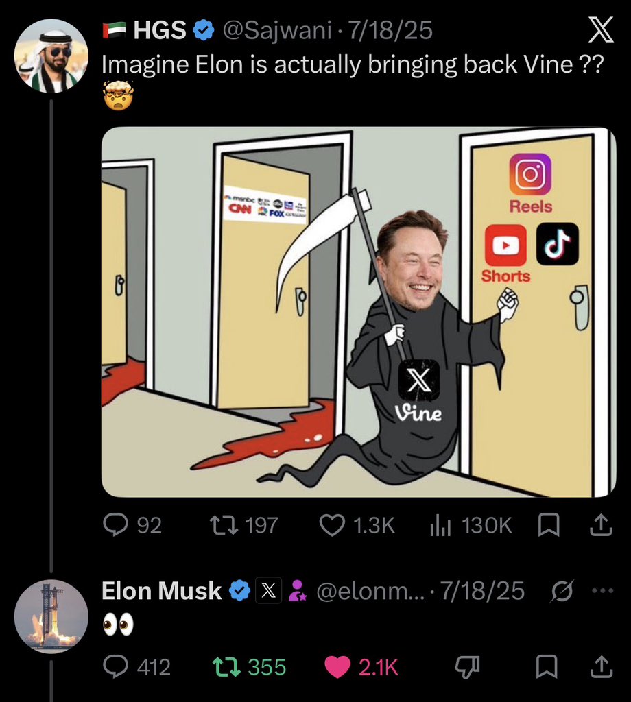 FormallyRibeye's tweet photo. This Vine post from Elon was a hair over a year ago, we were so early ❎ https://t.co/lmgTZ71AhI