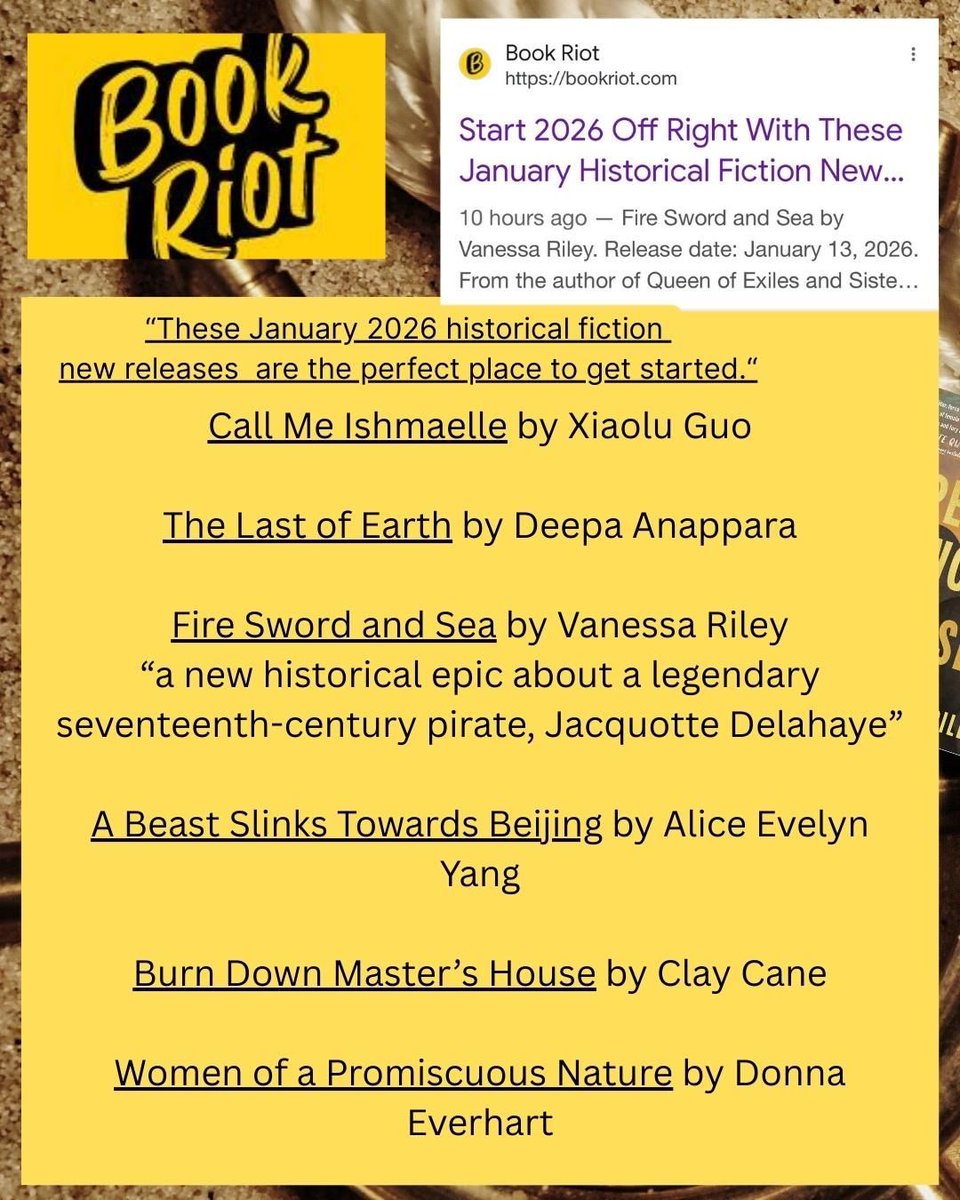 VanessaRiley's tweet photo. Book Riot puts Fire Sword and Sea in excellent company. Pirates among giants.https://t.co/BHSr4EF7eS https://t.co/tibgIwSNIt