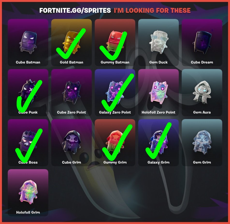 noinfinity07's tweet photo. @imnotrichfr @rdominguez_108 i was talking with the other guy but yeah, we can trade too without any problem, these are the ones i have from your list, and im looking for gold grim, gem grim and cube zp https://t.co/tmFptl3aWu