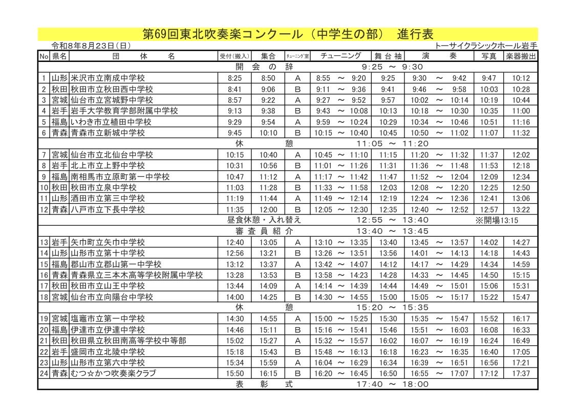 tohokusuiren's tweet photo. 第69回東北吹奏楽コンクールの進行表を東北吹奏楽連盟のホームページに掲載しております。
各県代表団体の皆様の熱演を期待しております。 https://t.co/Wx53nHf2ri