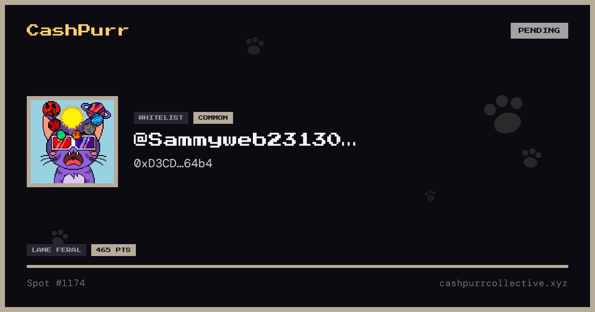 Stunx7203691's tweet photo. Purrlist card No. 1174 — issued to @Sammyweb2313041.

Feral lane · 3 mint allocation
465 points banked

5,555 cats on Robinhood Chain. Stake them, earn pSTOCKS, play the arcade in USDG.

#CashPurr #Purrlist https://t.co/ZzcBnOMAhW https://t.co/hq1EIJBou1
