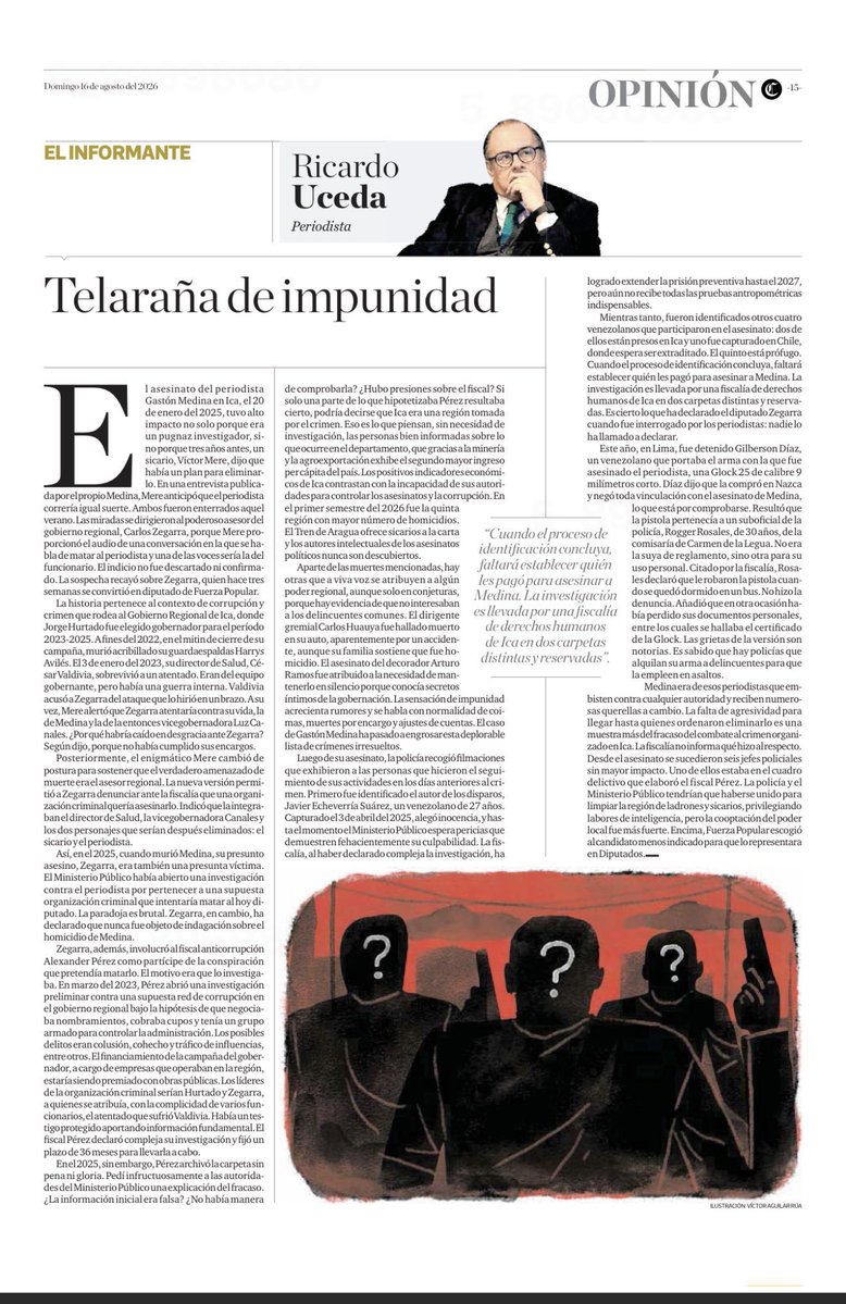 IPYS's tweet photo. 🚨 Hoy, en su columna en @elcomercio_peru, el director ejecutivo de IPYS Ricardo Uceda escribe acerca del asesinato del periodista iqueño Gastón Medina, y las últimas noticias sobre la investigación policial para dar con los culpables de su muerte. 

🔗https://t.co/WvLKV5joaQ https://t.co/88pGgh0hf6