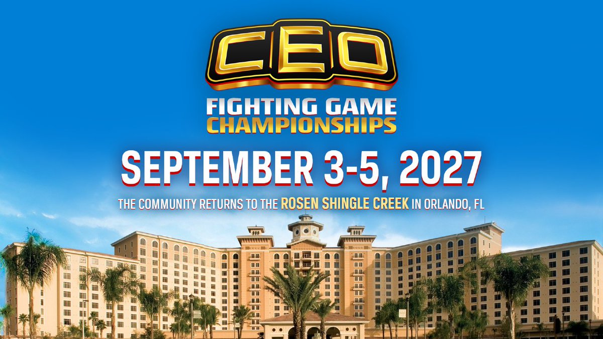 CEOGaming's tweet photo. CEO RETURNS IN 2027!

Labor Day weekend, September 3-5, right back here at Rosen Shingle Creek! SEE YOU NEXT YEAR!
✅Same FGC Energy
✅Bigger JebaileyWorld
✅Free Wi-Fi

#CEO2027 https://t.co/5kLP47uSL3