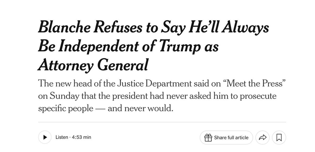 RonDeSantis's tweet photo. Why would Blanche say that the AG is “independent” as the media demands when it is not the way the Constitution is designed?  A cabinet officer is not independent of the President’s Article II executive power but is accountable to it.  

The Founders could have designed a fourth branch of government but they wisely declined to do so.