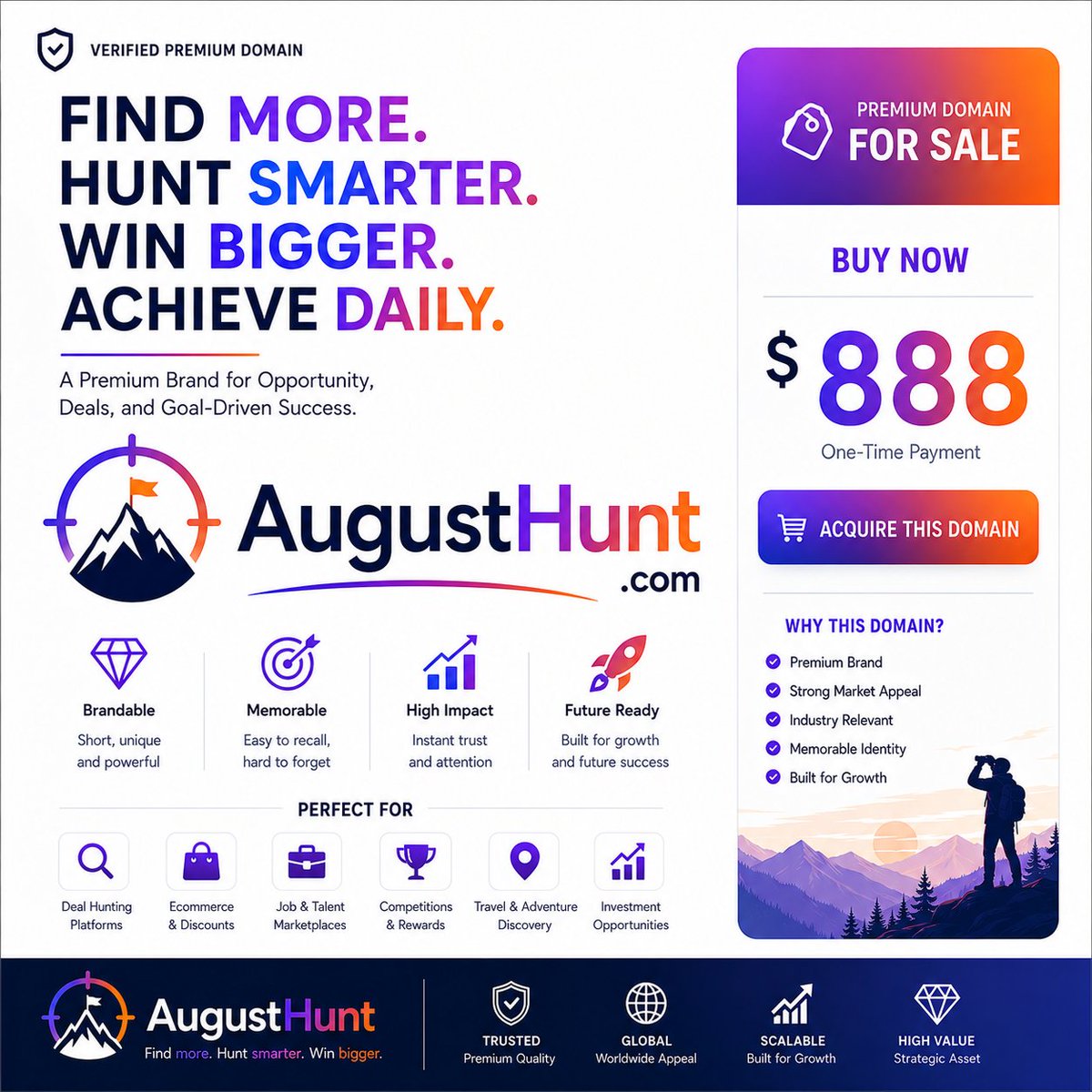 mrnizar_rahme's tweet photo. https://t.co/N1McIxS8xu  
HUNT OPPORTUNITIES. FIND WHAT MATTERS. WIN BIGGER.

💎 Premium .COM Domain

🔥 Great brands hunt them down.
🎯 HUNT IT. FIND IT. OWN IT.

🌐 https://t.co/8CQHZ4W5cN

📩 Interested? DM 

#PremiumDomain #DomainForSale #AugustHunt https://t.co/txDBA1VrUr
