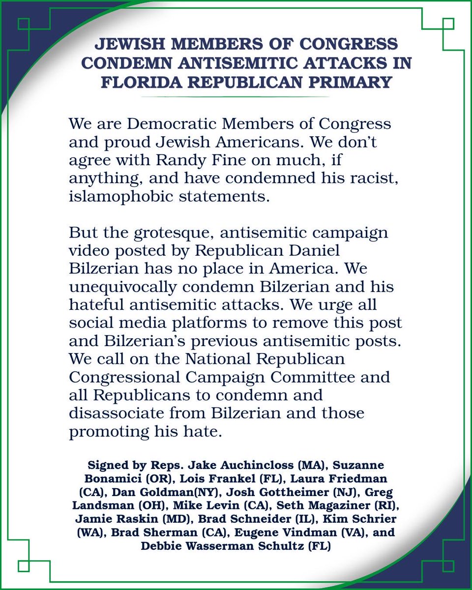 Schneider4IL10's tweet photo. We are Democratic Members of Congress and proud Jewish Americans. While we don’t agree with Randy Fine on much, if anything,  the grotesque, antisemitic campaign video posted by Republican Dan Bilzerian has no place in America. Our full statement. https://t.co/a8mJzWJgzQ