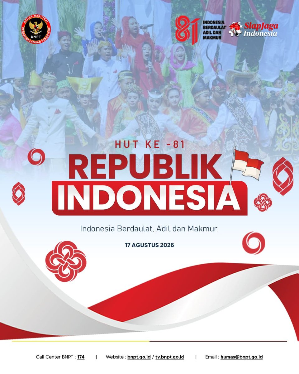 BNPTRI's tweet photo. 81 tahun Indonesia merdeka, 81 tahun kita belajar bahwa kekuatan bangsa lahir dari persatuan. 🇮🇩

Di tengah peringatan kemerdekaan, mari tetap menyalakan kepedulian dan solidaritas bagi saudara-saudara kita di NTT yang sedang menghadapi musibah. 🤲🏼

Bersama, kita saling menjaga dan menguatkan.

Indonesia Berdaulat, Adil, dan Makmur.

#HUT81RI #KitaIndonesia #MelangkahDenganHarapan
#KitaIndonesiaPeduliNTT