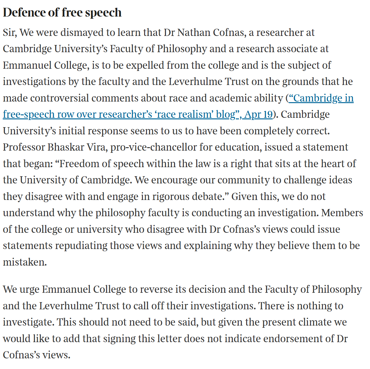 peterjukes's tweet photo. So I've just found this letter in defence of Nathan Cofnas, from a bunch of academics supporting 'free speech'. 
None of them, as far as I can see, defended Jason Arday's rights to life, privacy and free expression.

 Racist eugenicists get a special pass https://t.co/kw1nlyIqm7 https://t.co/RlserJ0sgw