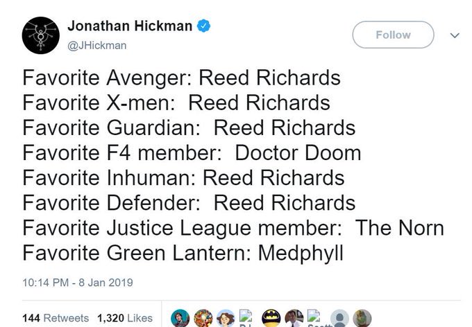 foeyeahboi's tweet photo. hickman loved his special boy so much he came up with organic reasons for doctor doom to:
- stop the incursions
- rule all of reality
- rip out thanos’s spine
- snap phoenix cyclops’s neck
- somehow win the iron throne
and still lose to reed richards, his real favorite all along https://t.co/2d9uZI8f6P
