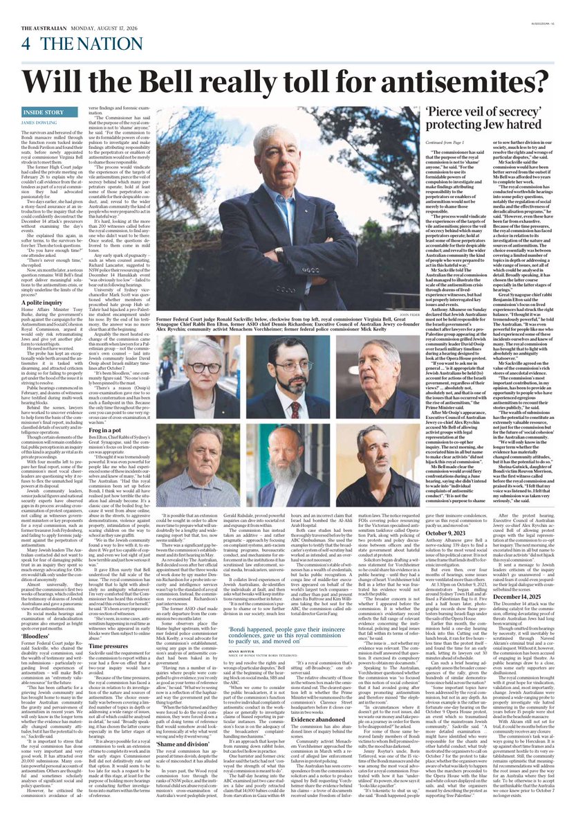 MenachemV's tweet photo. WILL THE BELL REALLY TOLL FOR ANTISEMITES?

Today’s Australian raises an uncomfortable question about the Royal Commission into antisemitism: will it confront the failures that allowed antisemitism to escalate in Australia before the Bondi massacre?

My concern is not whether I personally give evidence. It is whether the Commission answers the hard questions.

For years, I have pursued legal proceedings concerning conduct at anti-Israel protests and, critically, the failure of authorities to enforce existing laws.

The Royal Commission considered my material sufficiently relevant to issue me with a formal Notice to Produce. I provided extensive documents and was repeatedly advised that a witness statement was being prepared and would be received into evidence.

That witness statement was never finalised.

As The Australian reports today, I am concerned that important evidence concerning failures in protest policing and enforcement may therefore never properly form part of the Commission’s public evidentiary record.

Australia does not need a Royal Commission simply to document that antisemitism became worse.

It needs to explain how and why it was allowed to happen — including what governments and police knew, why existing laws were not enforced, and whether those failures contributed to the environment preceding Bondi.

The Commission is working to a tight timetable. That makes answering those questions more important, not less.

If the hardest questions are left unanswered, Australians will be entitled to ask whether this has become a Clayton’s inquiry — an inquiry in name, but not in substance.

via @australian