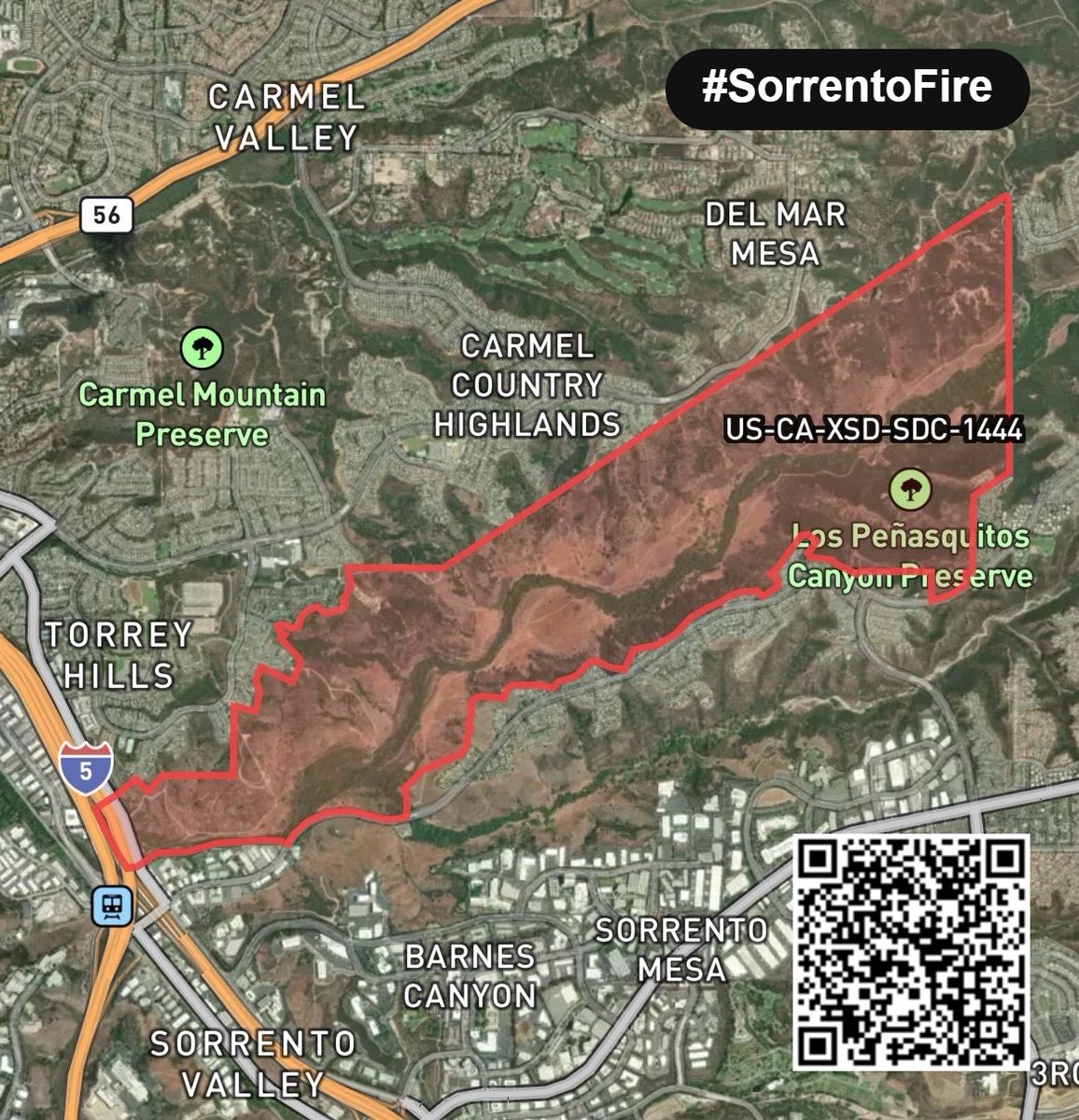 posted_news's tweet photo. The #SorrentoFire has exploded to 71.1 acres. 
🏘️An Evacuation Order is active for Zone SDC-1444. Leave the area now.
⛔ Road Closures: 10800 Vista Sorrento Pkwy &amp; Sorrento Valley Blvd / Jasmine Crest Ln are closed. 
https://t.co/dpy95p14Bv https://t.co/71aZetAlAR