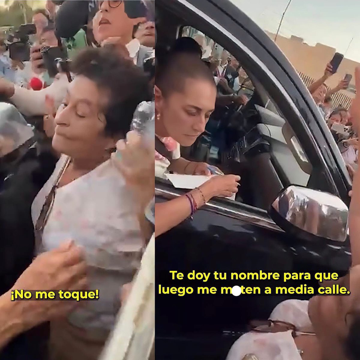iqsolita's tweet photo. NO ME TOQUE 

QUÉ LOCURA LO QUE ACABA DE VIVIR LA PRESIDENTA 

Vaya momento vivió nuestra amada comandanta suprema Claudia Sheimbaum luego de que una mujer de la tercera edad la encarara porque aparentemente unas personas malvadas le habrían quitado su propiedad, nuestra querida presidenta intentó darle la mano y la mujer energéticamente le dijo: 

“No no yo no te doy la mano” 

Sheinbaum: a ver dime

Señora: ya quiero que resuelvas el robo de propiedad de mi terreno

Sheinbaum: bueno pero no se enoje *la intenta agarrar* 

Señora: no me toque!!!! Los rateros, los secu*****stradores, as****sinos!!!

Sheinbaum: dame tu nombre

Señora: te doy mi nombre para que luego me m****ten a media calle? 

Sheinbaum: nooooo, no, no, no

Señora: ay por favor hombre 

Sheinbaum: no quieres que te atienda? 

Señora: resuélvelo y punto!!! Esos n****rcos viven en la calle D103!!! Te doy los Nombres!!!

Sheinbaum: pero no te enojes

Señora: no, no, no, te digo lo que es, que es muy diferente!!!

Sheinbaum: bueno, te van a atender

Señora: tú tú tú, te debes al pueblo, a mí no me quieras ver la cara de escúchame 

Sheinbaum: escúchame

Señora: no no te escucho 

Sheinbaum: dame tu nombre 

Señora: noooo, te doy el nombre de los n****rcos

Al final la señora le terminó dando la dirección y el Nombre de los malvados donde aparentemente habrían robado el terreno