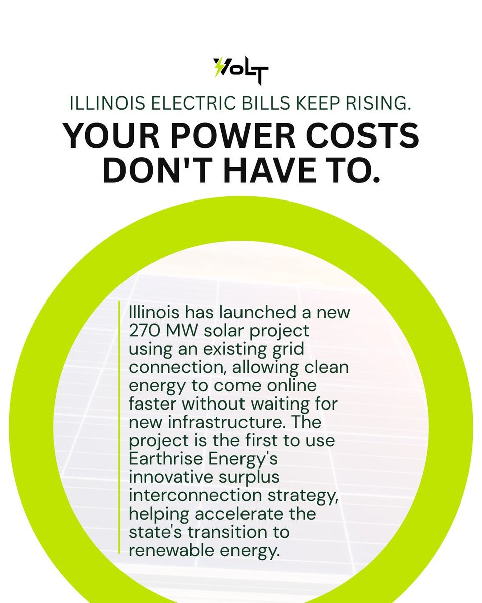 VoltHomePros's tweet photo. #illinois is investing in solar. 
A new 270 MW solar project is now powering Illinois, showing just how quickly the state is expanding clean energy. While #utility costs continue to rise, more #homeowners are choosing solar to take control of their monthly electric bills.
#Solar https://t.co/6sq700WQN4