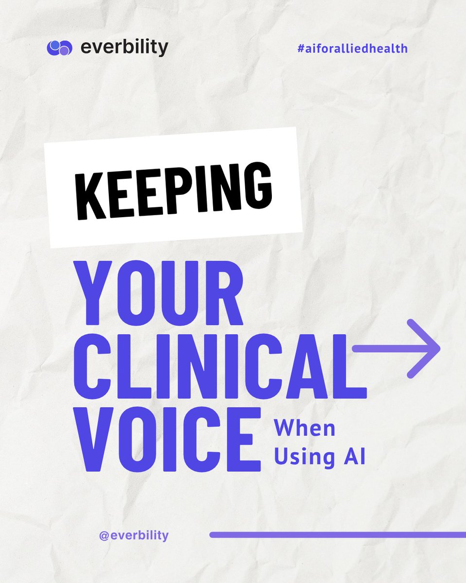 everbility's tweet photo. Using AI shouldn’t mean losing your clinical voice.

The best documentation still sounds like you, with your clinical reasoning, your structure and your way of thinking.

Everbility just helps you get there faster https://t.co/JeT84jHCRv